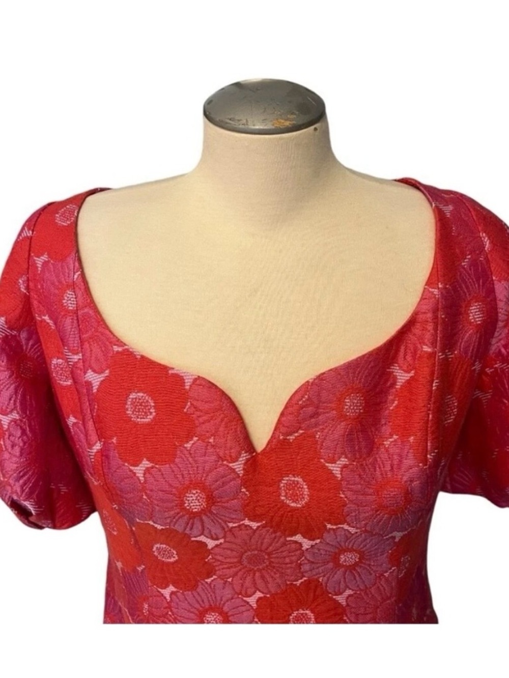 Trina Turk Orange and Pink Floral Jacquard Puff Sleeve Dress